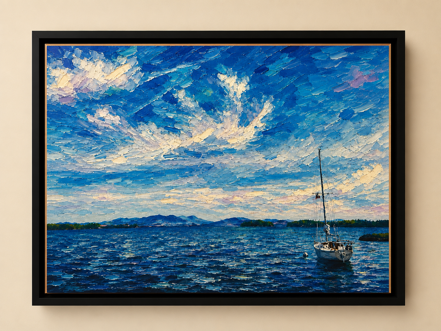 MainelySteph fine art canvas print displayed on a wall — sailboat on Maine waters