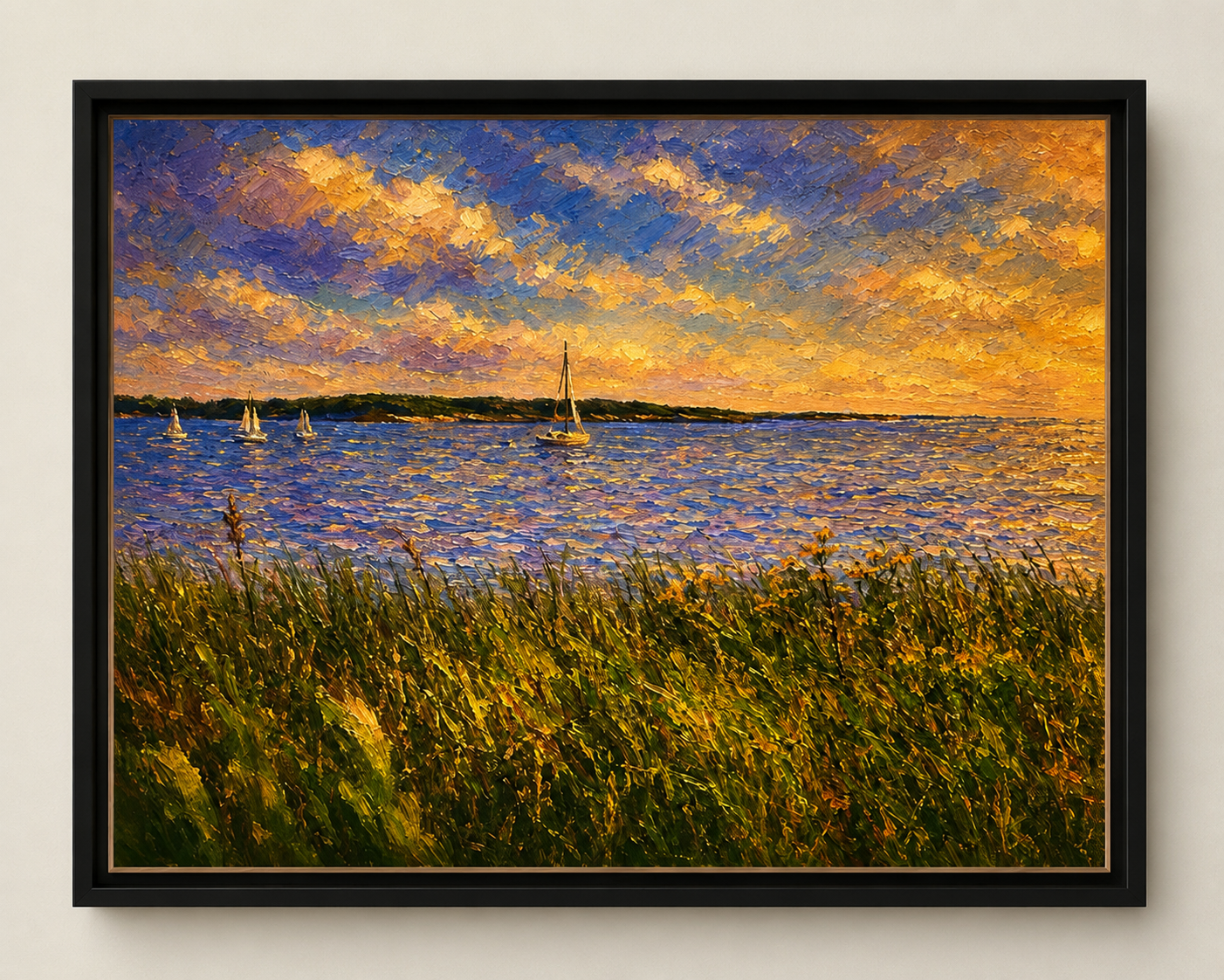 MainelySteph fine art canvas print displayed on a wall — coastal Maine sunset